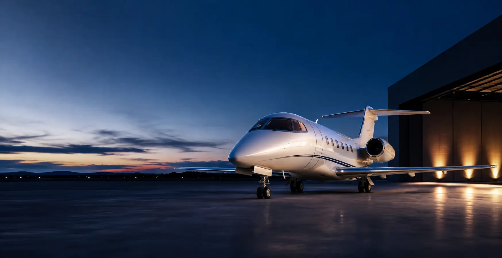 Business jet před hangárem za soumraku