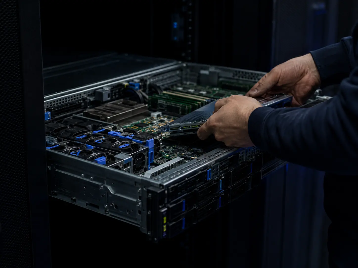 Technik zasouvá komponentu do otevřeného rackového serveru